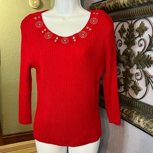 R.Q.T Red Ribbed Stretch Sweater With Metal Trim Sz XL